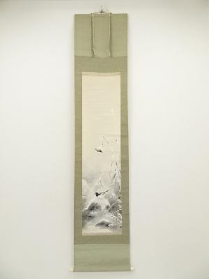 雪景色に鳥図　肉筆紙本掛軸（共箱）